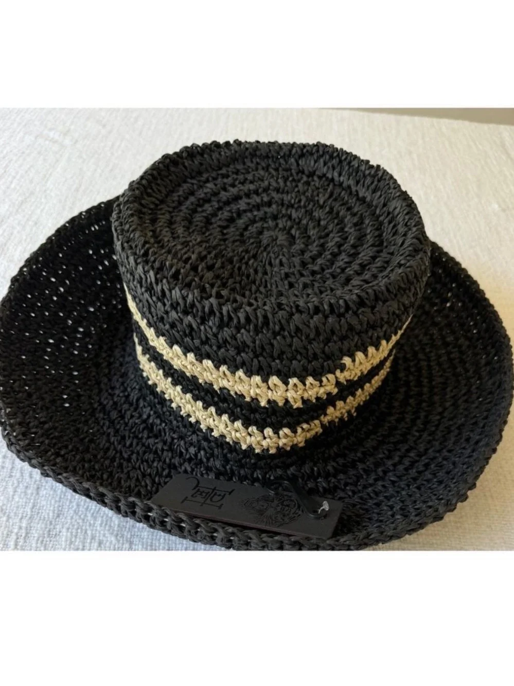 Ed Hardy Black Straw Sun Hat with Tiger Embroidery